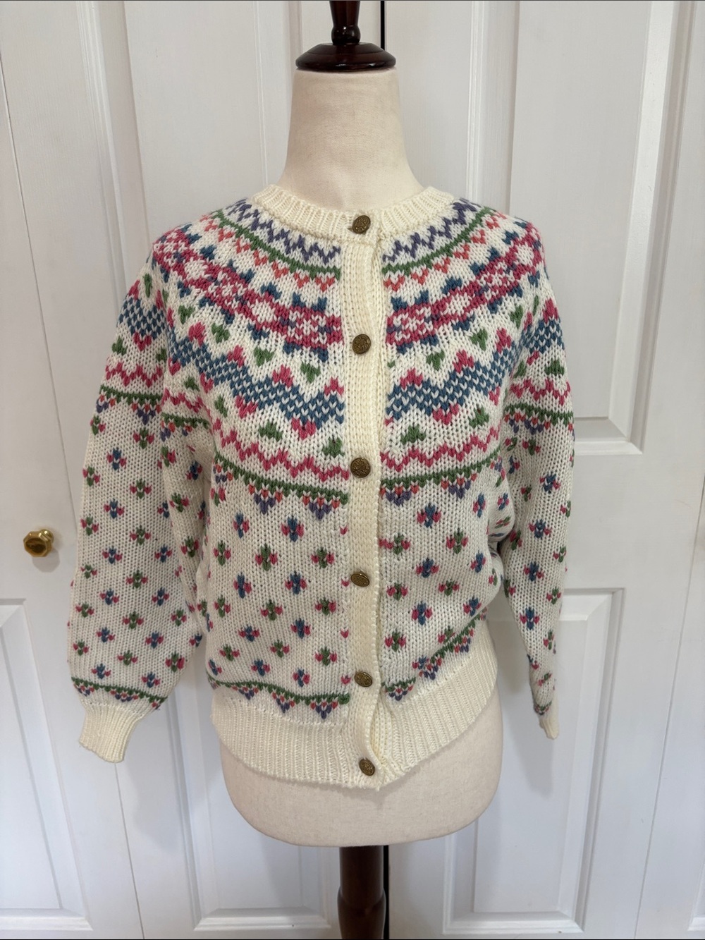 Northern Isles Cream Fair Isle Cardigan Sweater Size M (10/12) EUC